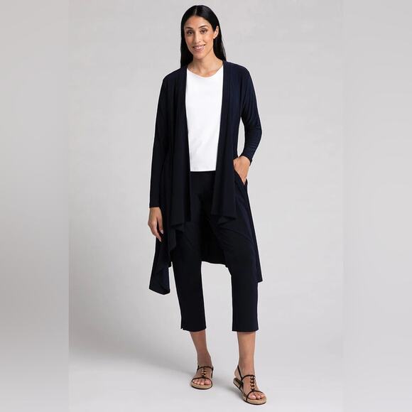 Sympli flutter duster cardigan open longline navy blue jersey knit lagenlook 6 - Picture 1 of 12